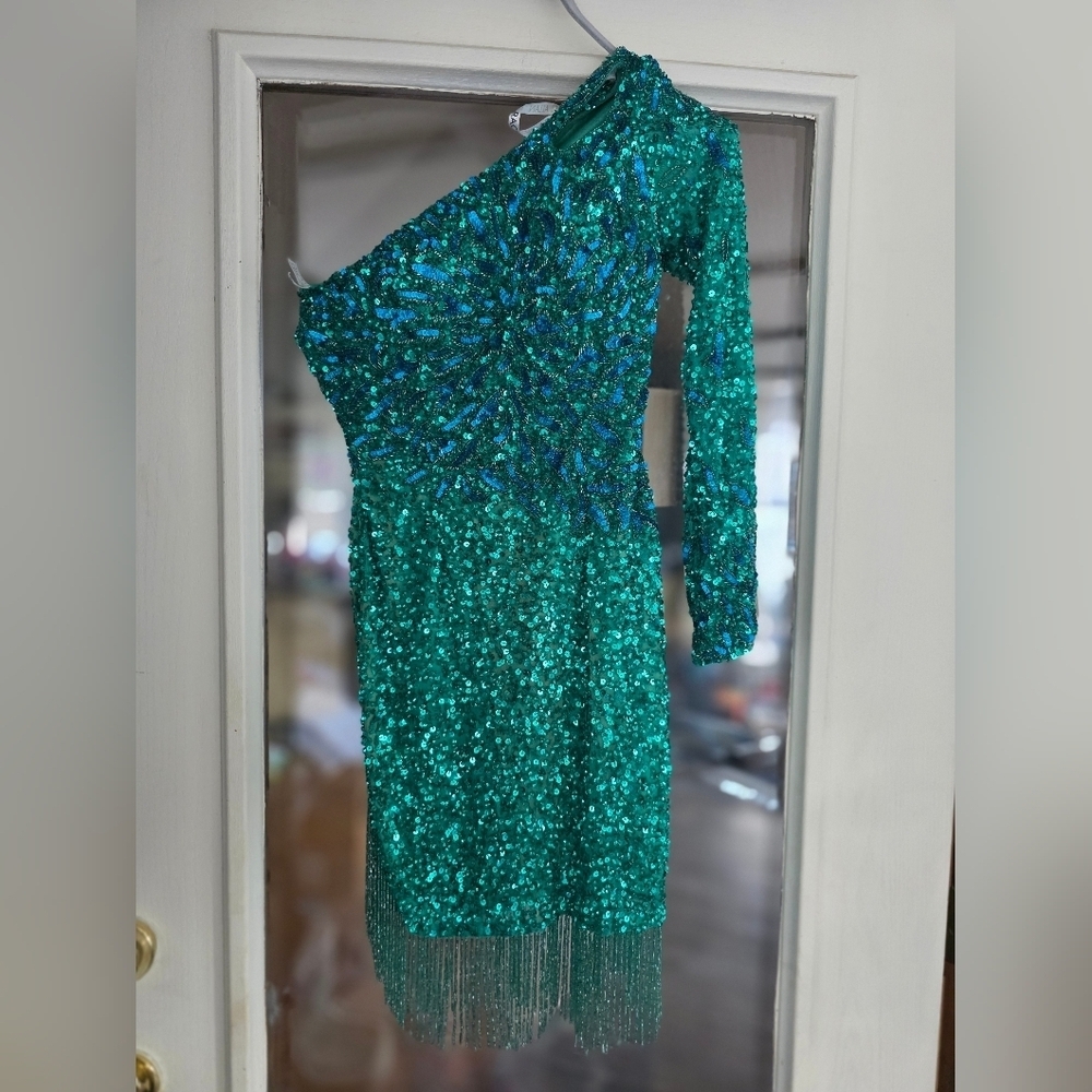 Rachel Allan Teal Sequin Beaded Homecoming Formal Fringe Prom Shoulder Dress 0
